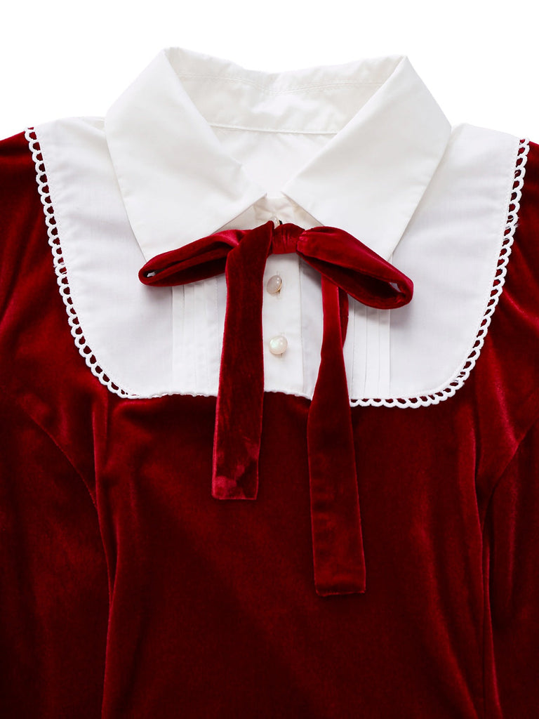 [Prévente] Robe rouge en velours en col chemise et nœud années 40