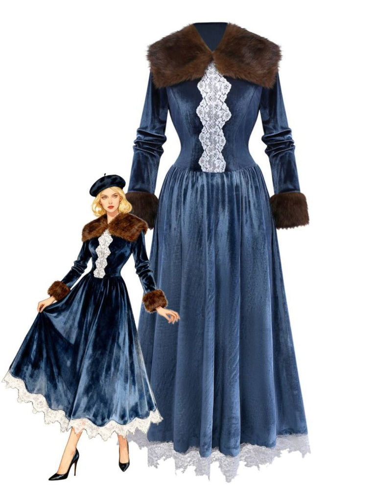 Robe en velours bleu patchwork de fausse fourrure et dentelle des années 1930