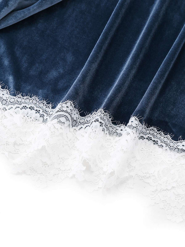 Robe en velours bleu patchwork de fausse fourrure et dentelle des années 1930