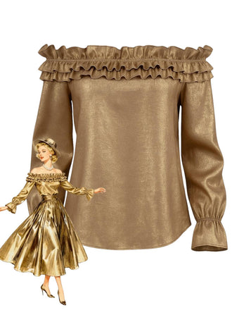 Haut scintillant doré à épaules dénudées à volants des années 1950