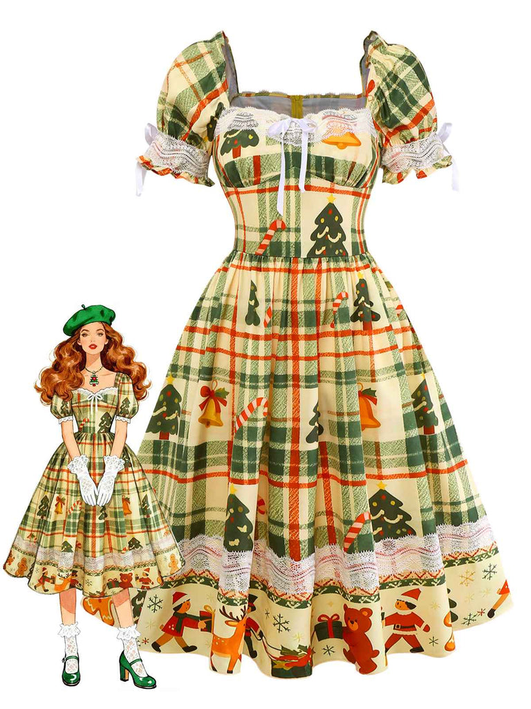 [Prévente] Robe patchwork multicolore en dentelle et tartan de Noël des années 1950
