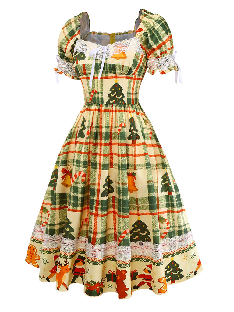 [Pré-vente] Robe patchwork multicolore en dentelle et tartan de Noël des années 1950
