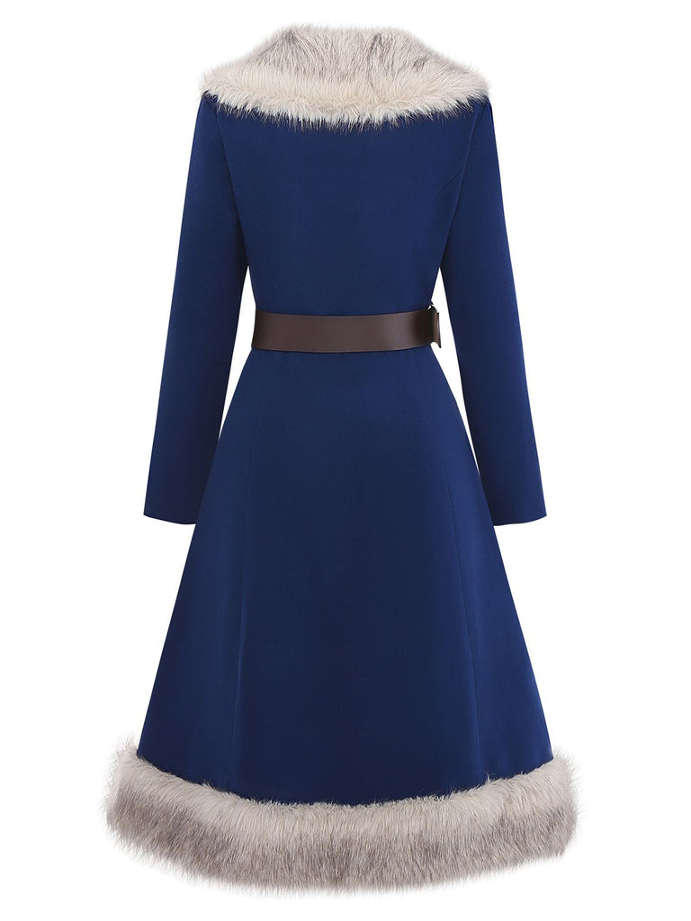[Prévente] Manteau bleue doublé de fausse fourrure et ceinturé années 1960