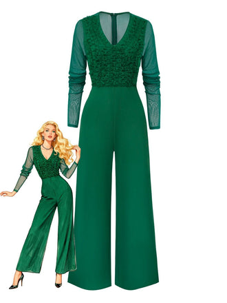 Combinaison col en V profond manches transparentes à volants des années 1950