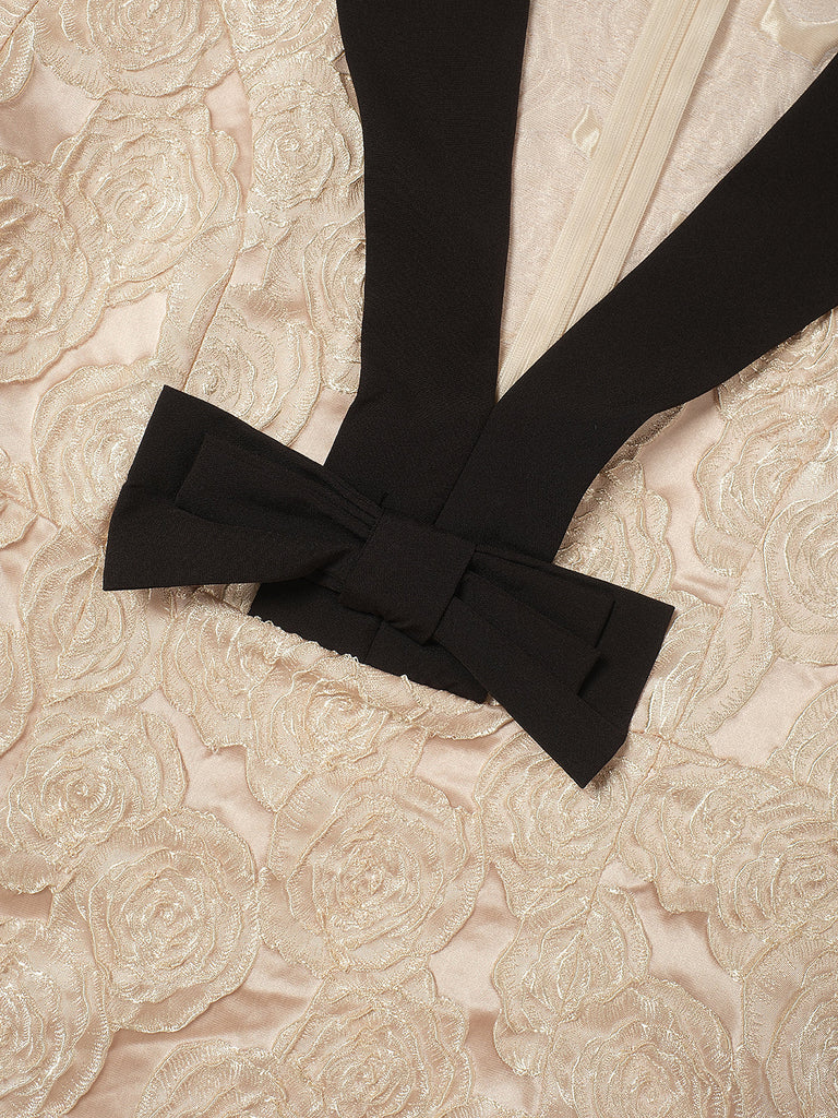 Robe champagne rose jacquard à col en V et nœud années 1930