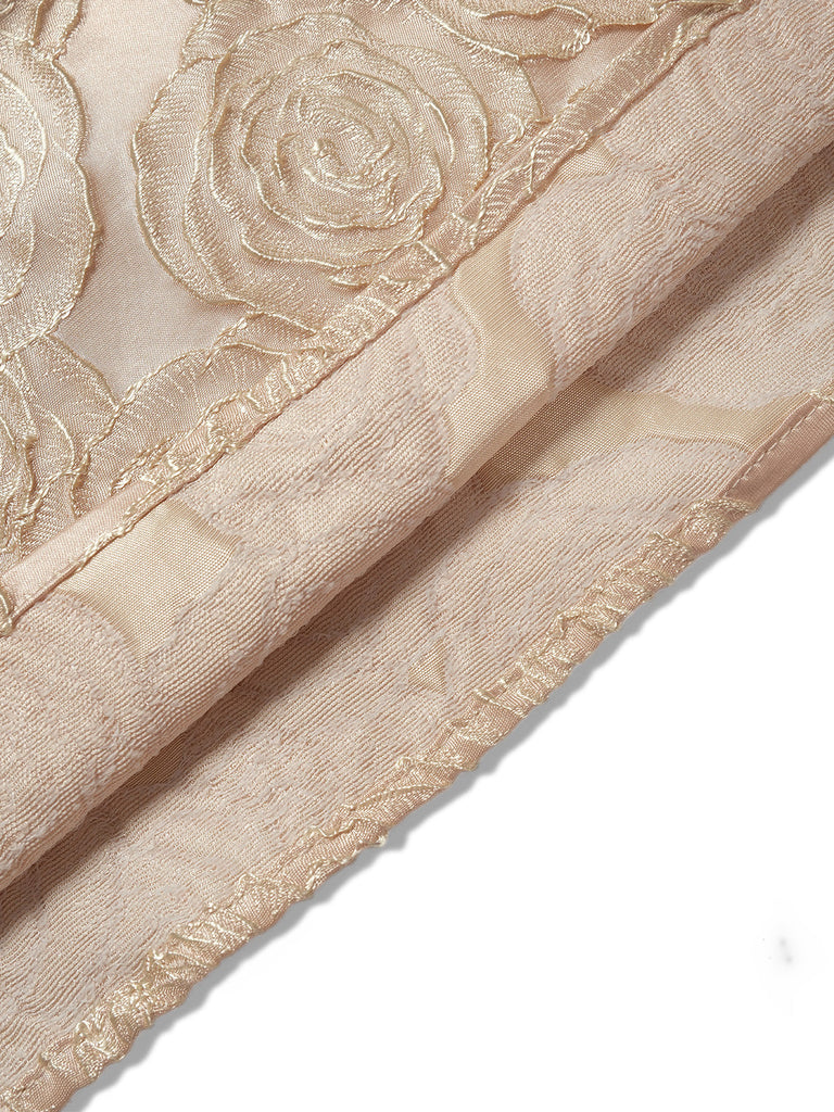 Robe champagne rose jacquard à col en V et nœud années 1930