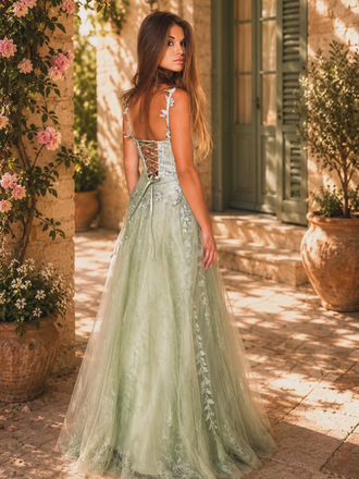 Robe longue verte tulle dentelle fines bretelles 1930s