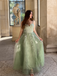 Robe longue verte tulle dentelle fines bretelles 1930s
