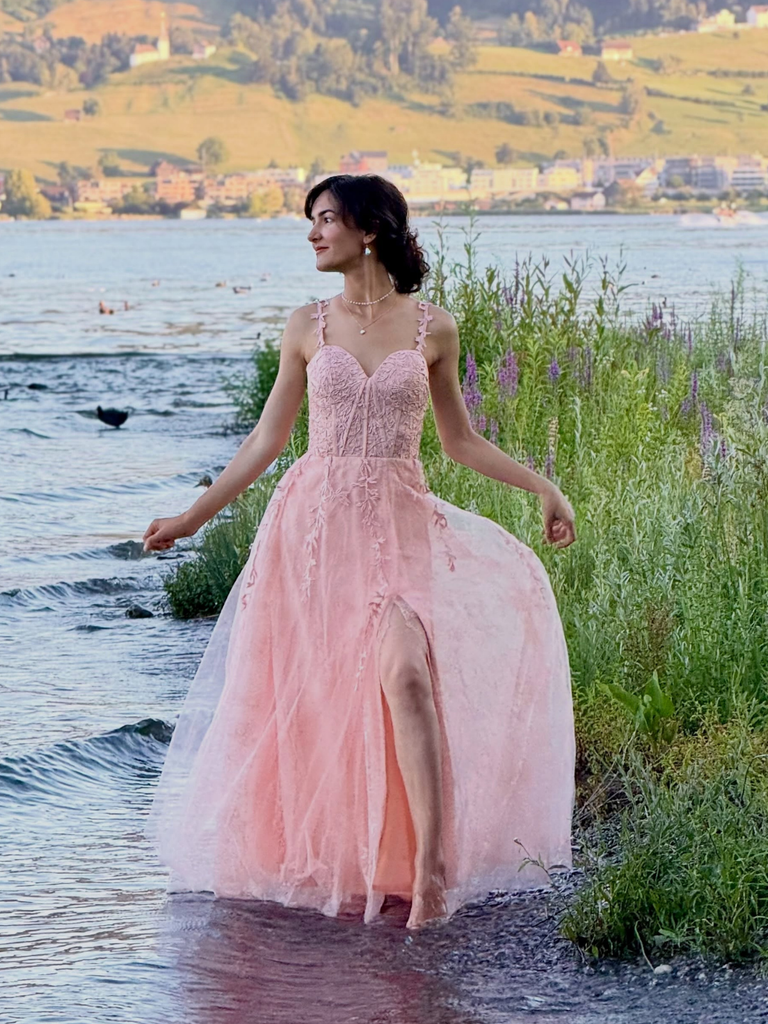 Robe longue rose tulle dentelle fines bretelles 1930s