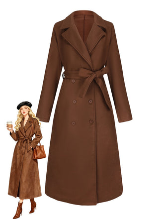 Manteau long marron en fausse laine col cranté des années 1930