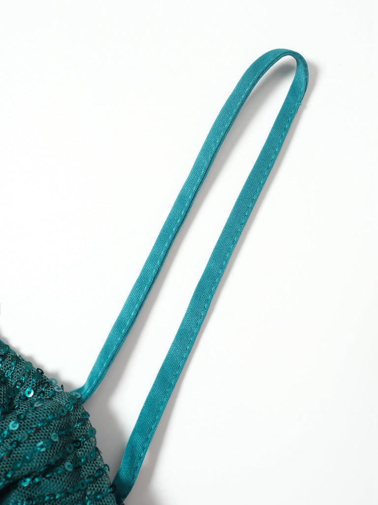 Robe verte à paillettes avec nœud et clochettes de Noël des années 1960