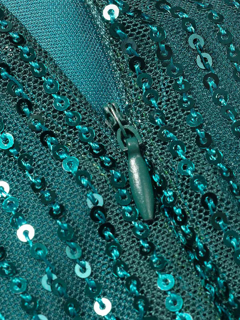 Robe verte à paillettes avec nœud et clochettes de Noël des années 1960