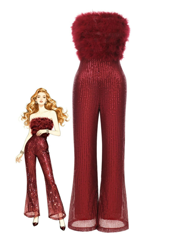 Combinaison bustier en patchwork de plumes et paillettes des années 1950