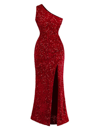 Robe moulante rouge à paillettes une épaule et fente des années 1930