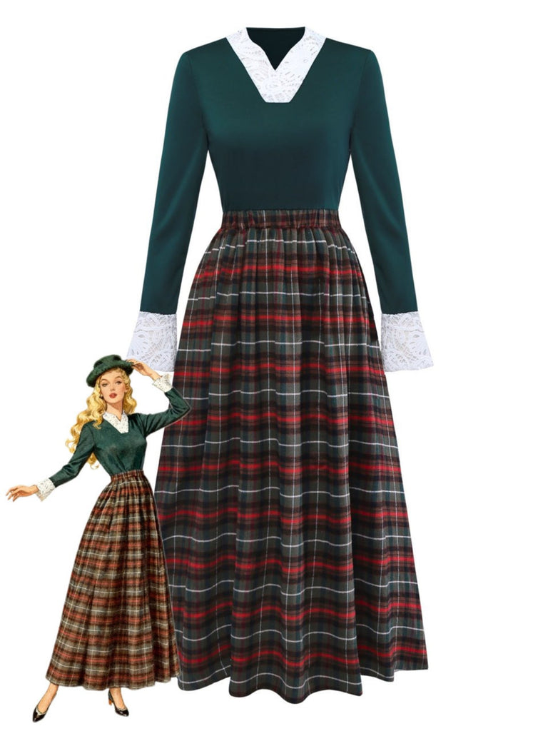 Robe à carreaux patchwork de dentelle et col en V verts des années 1930