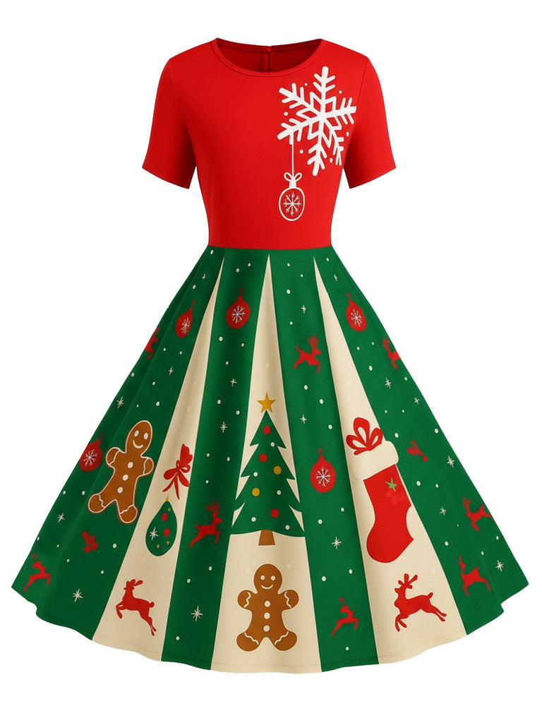 [Prévente] Robe trapèze rouge et verte motif flocon de neige des années 1950