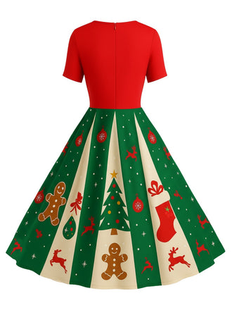 [Prévente] Robe trapèze rouge et verte motif flocon de neige des années 1950