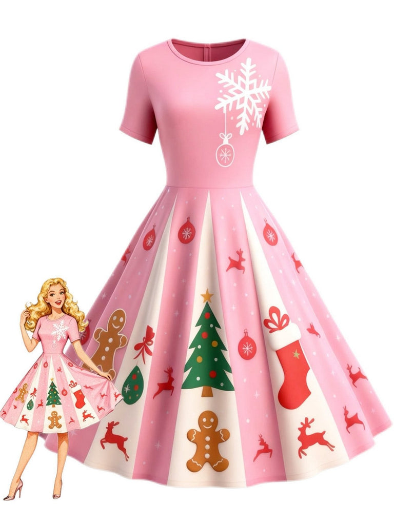 [Prévente] Robe trapèze rose motif flocon de neige des années 1950