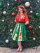 Robe trapèze rouge et verte motif flocon de neige des années 1950