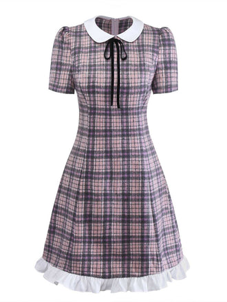 [Prévente] Robe rose à carreaux col Claudine ourlet à volants style années 60