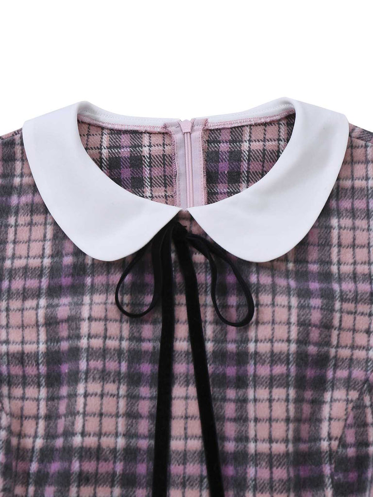 [Prévente] Robe rose à carreaux col Claudine ourlet à volants style années 60