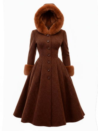 [Prévente] Manteau marron à capuche boutonné en fausse laine années 1950