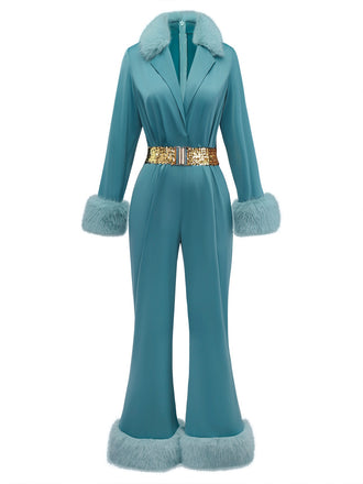 [Prévente] Combinaison bleue à revers bordés de fourrure et ceinture à sequins des années 1970