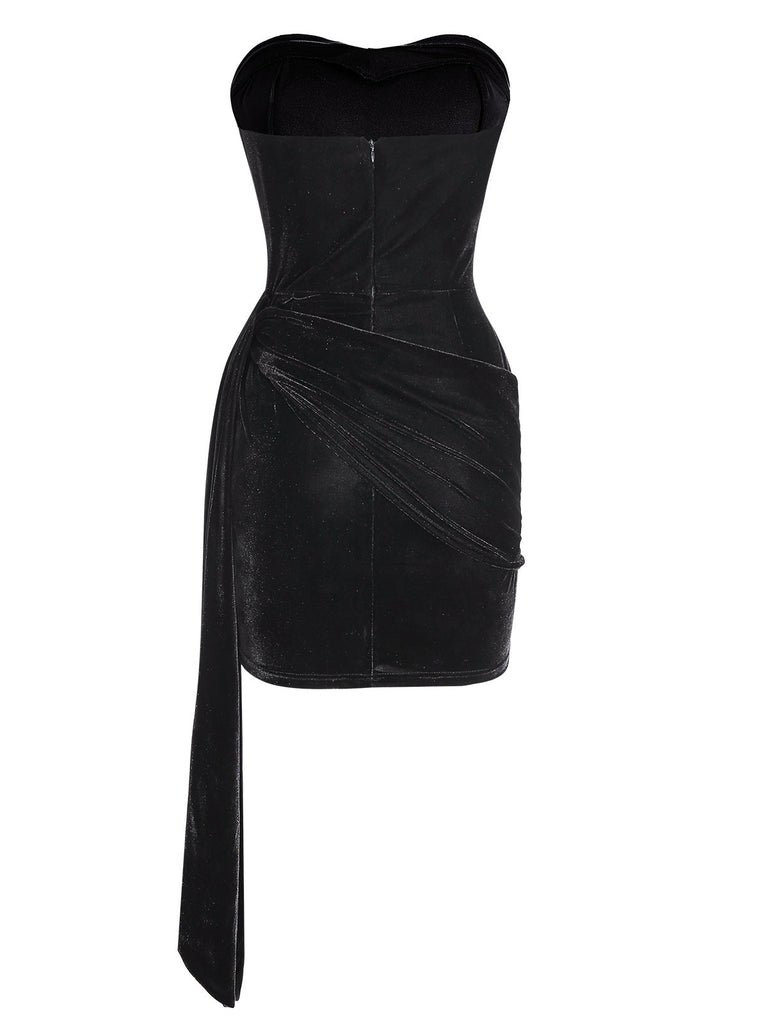 [Prévente] Robe bustier en velours froncé à ruban noire des années 60