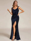 Robe longue fendue en velours bleu à sequins des années 1920