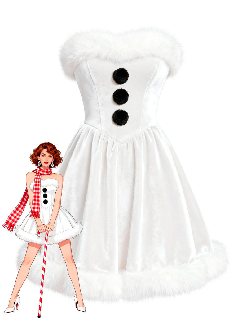 [Pré-vente] Robe bustier blanche en velours et peluche style bonhomme de neige nnées 1960