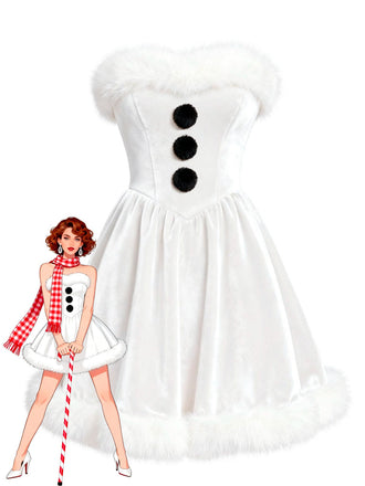 [Pré-vente] Robe bustier blanche en velours et peluche style bonhomme de neige nnées 1960