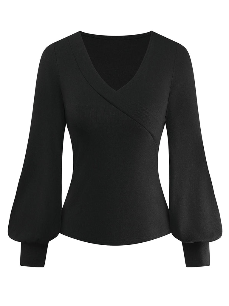 Haut tricoté noir col en V et manches lanternes style années 1950