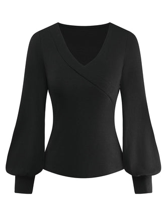 Haut tricoté noir col en V et manches lanternes style années 1950