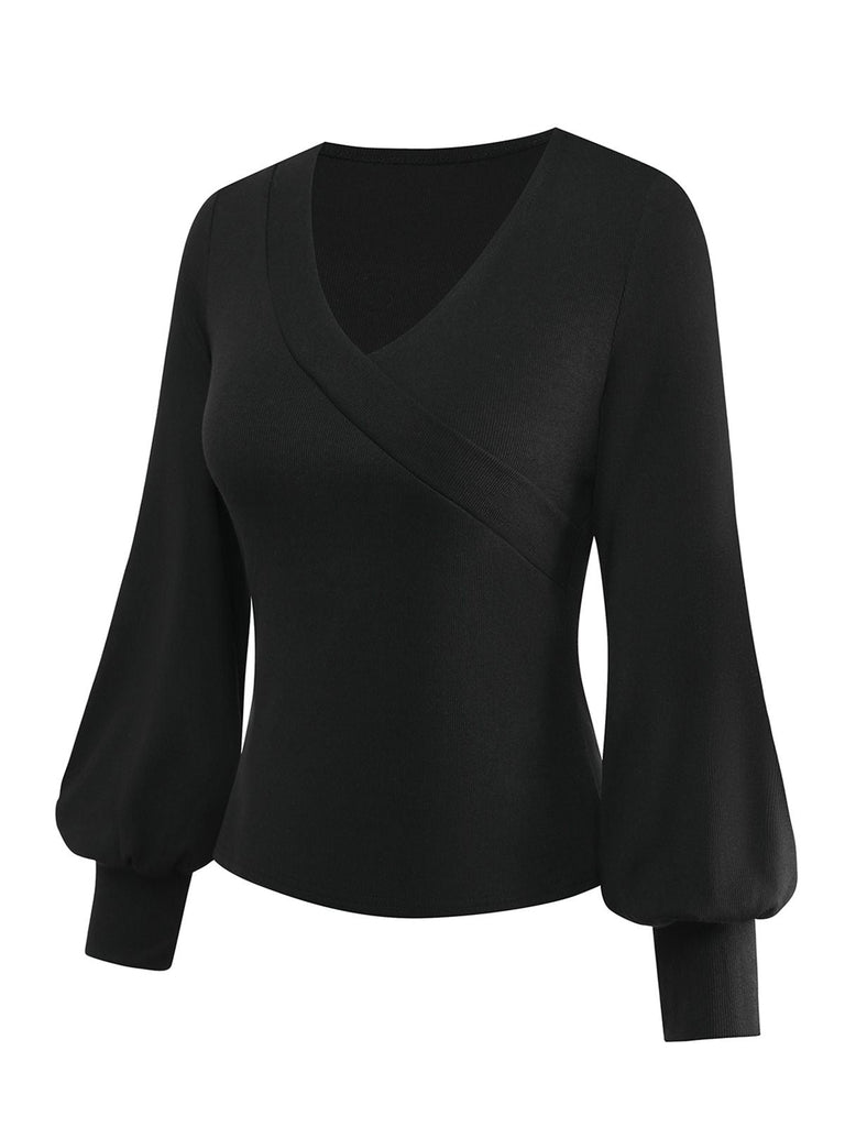 Haut tricoté noir col en V et manches lanternes style années 1950