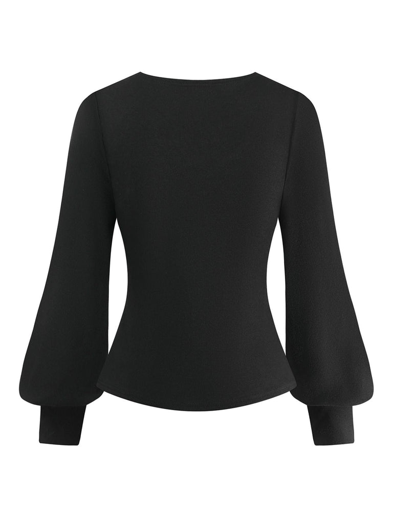 Haut tricoté noir col en V et manches lanternes style années 1950