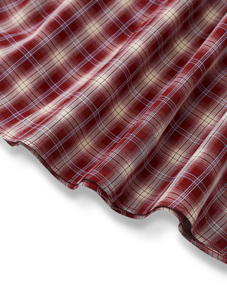 [Prévente] Robe rouge à carreaux en maille à col en V et volants style années 1950