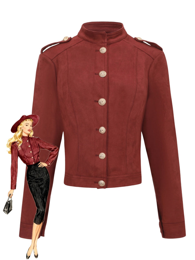 Veste courte en daim marron col montant des années 1980