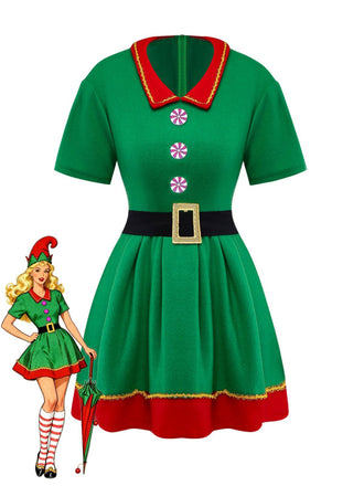 Ensemble de costume de cosplay d'elfe de Noël vert des années 1960