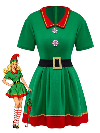 Ensemble de costume de cosplay d'elfe de Noël vert des années 1960
