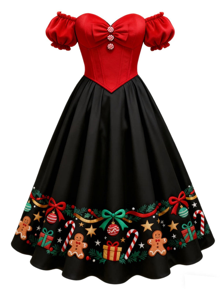 [Prévente] Robe de Noël rouge et noire à épaules dénudées années 1950