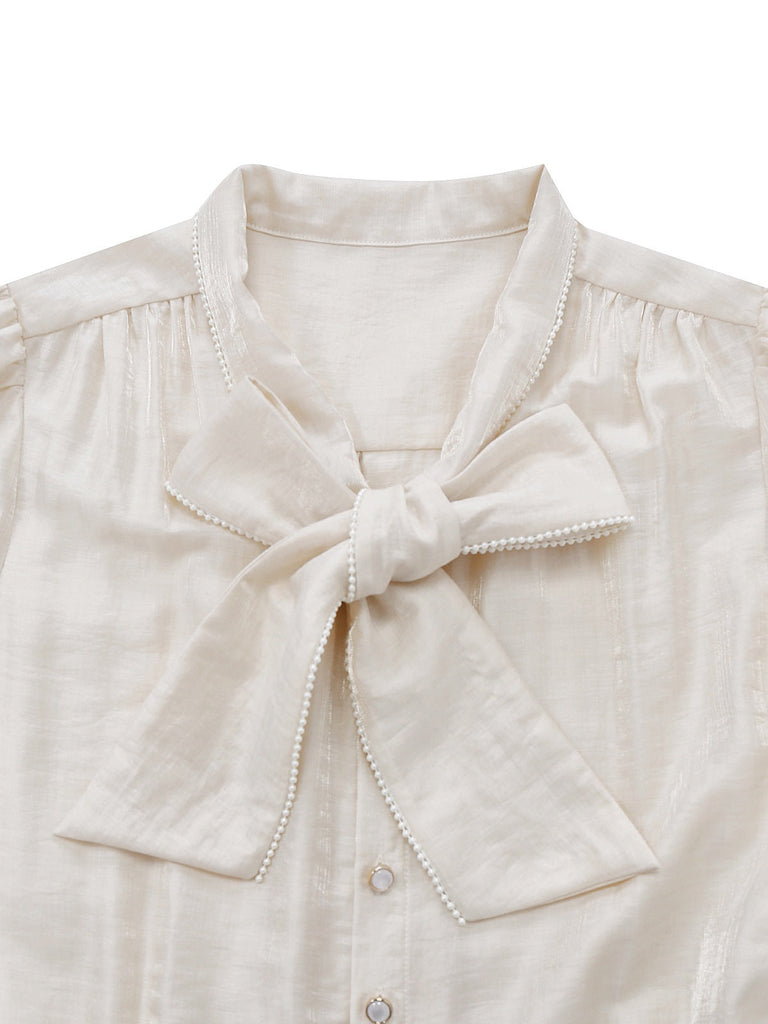 [Prévente] Combinaison beige patchwork col nœud et bordures perlées années 50