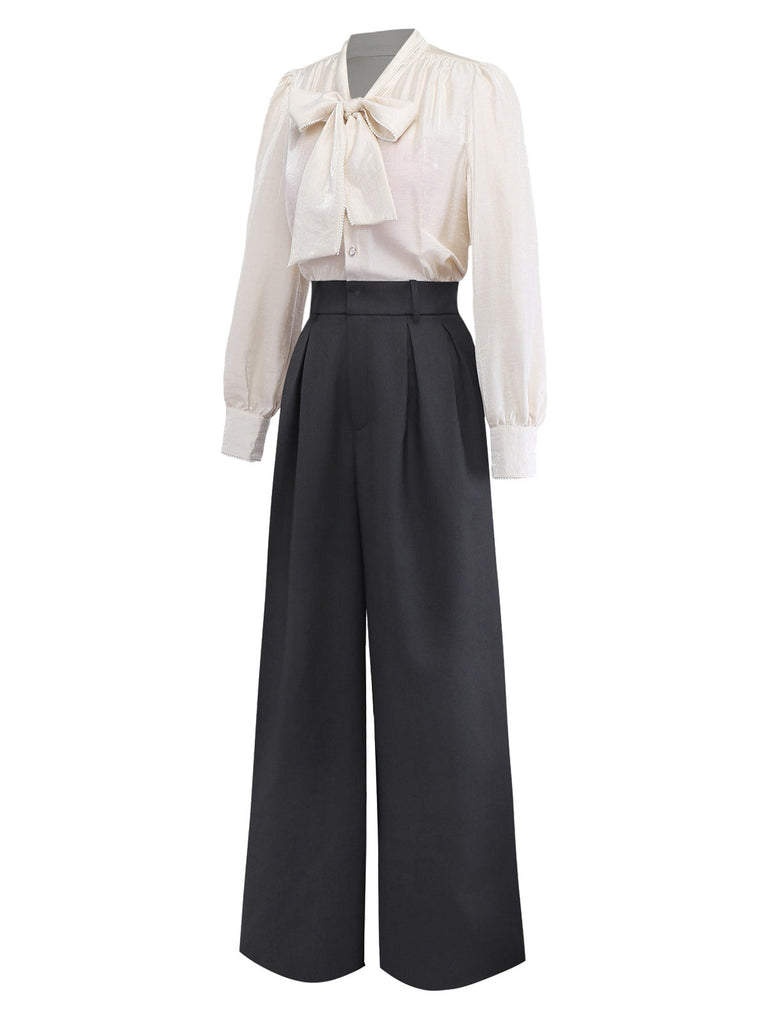 [Prévente] Combinaison beige patchwork col nœud et bordures perlées années 50