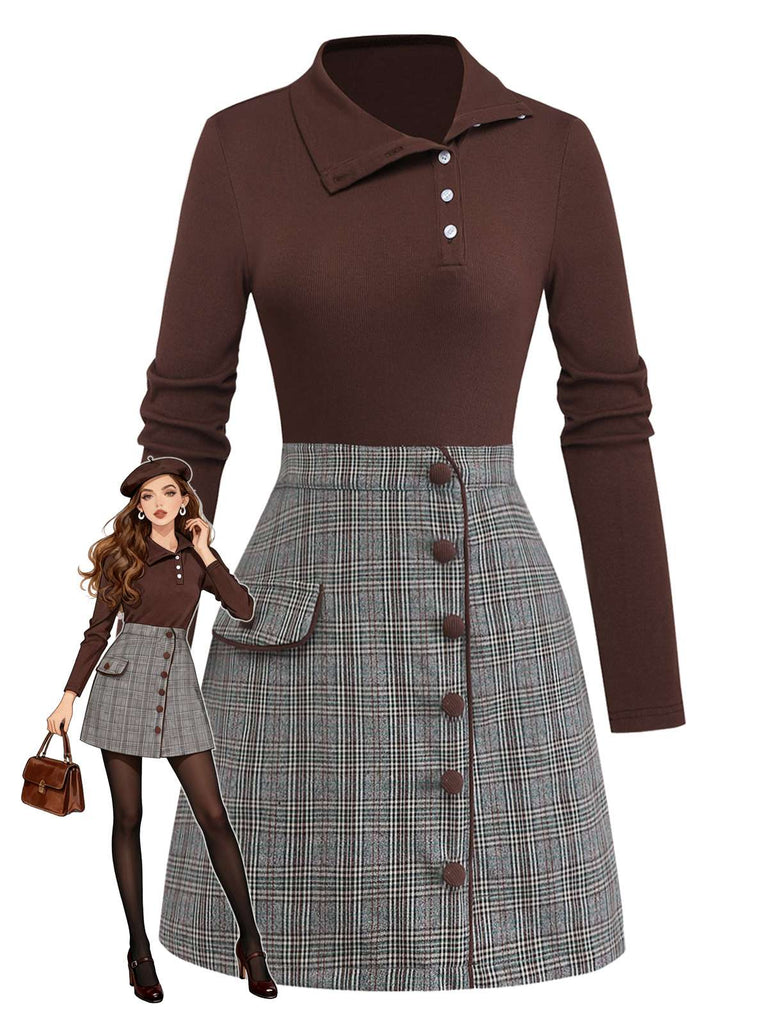 [Prévente] Robe Marron Tricotée À Carreaux Col Asymétrique Années 1970