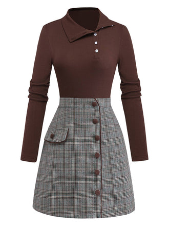 [Prévente] Robe Marron Tricotée À Carreaux Col Asymétrique Années 1970