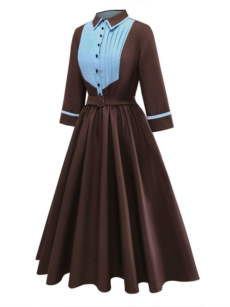 [Prévente] Robe marron col revers plissés contrastés années 1940