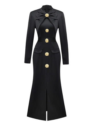 Robe col nœud et fente sur le devant noire des années 1930