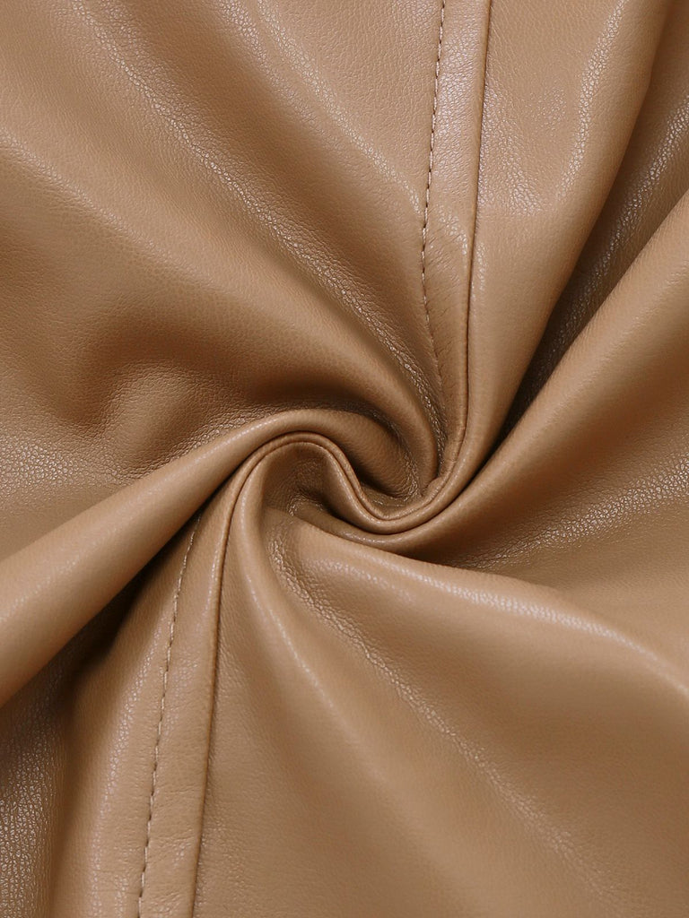 Manteau kaki en similicuir et fausse fourrure avec ceinture des années 1940