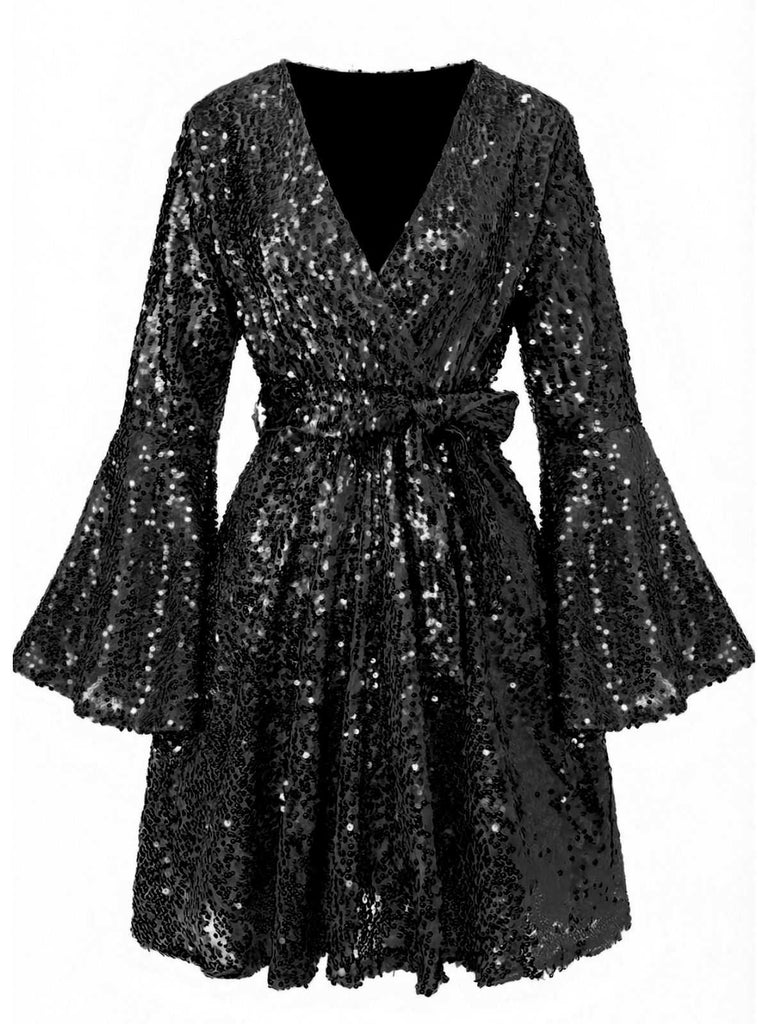 Robe disco à sequins col en V et manches évasées années 70