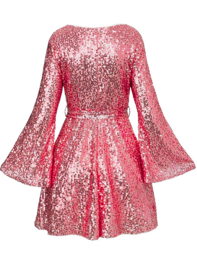 Robe disco à sequins col en V et manches évasées années 70