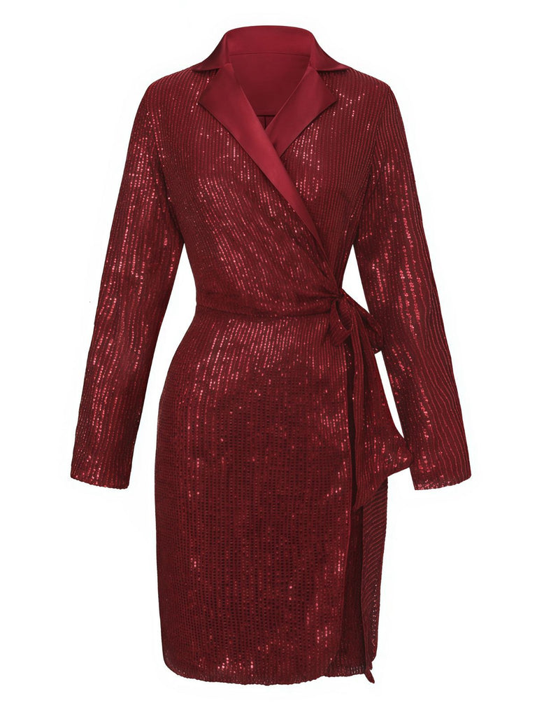 Veste longue pailleté col revers à nouer ceinturée années 1960